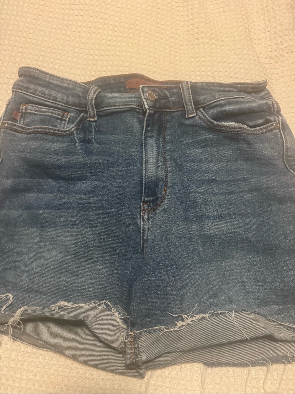 Judy Blue Distressed Mid-Rise Denim Shorts - Blue Wash